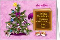 Christmas, Customize Name, Little Girl Hiding, Mice in Christmas Tree card