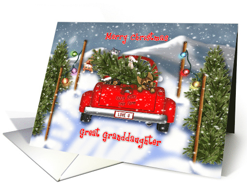 Christmas, Great Granddaughter, Red Truck, Puppies, Kittens, Tree card