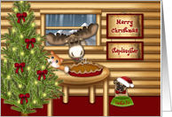 Christmas Moose for a Stepdaughter, Kitten, Pug Waiting to Eat Pie card