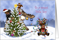Christmas, To a Sweet Little Boy, Forest Animals Decorating a Tree card