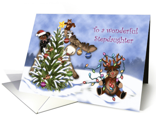 Christmas, For a Stepdaughter, Forest Animals Decorating a Tree card
