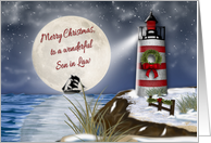 Merry Christmas, Son in Law, Lighthouse, Moon Reflecting on the Water card