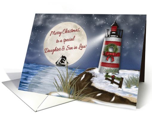 Merry Christmas, Daughter & Son in Law, Lighthouse, Moon card