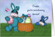 Easter for a Cousin, Adorable Bunnies Basket of Colored Eggs card