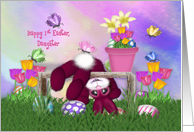 Happy 1st Easter. Daughter, Pink Bunny, Eggs, Flowers Butterflies card