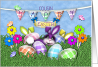 Easter for Cousin, Bunnies Gingham Eggs, Jelly Bean Flowers card
