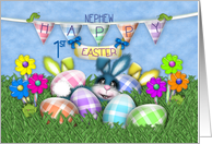 1st Easter for Nephew, Bunnies Gingham Eggs, Jelly Bean Flowers card