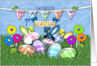 1st Easter for Grandson Bunnies Gingham Eggs, Jelly Bean Flowers card
