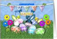 1st Easter for Custom Name, Bunnies Gingham Eggs, Jelly Bean Flowers card