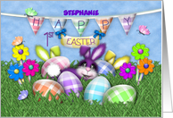 1st Easter for Custom Name, Bunnies Gingham Eggs, Jelly Bean Flowers card