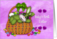 1st Easter for Boy, Green Bunny in Basket Full of Jelly Beans card
