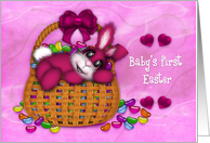 1st Easter for Girl, Pink Bunny in Basket Full of Jelly Beans card