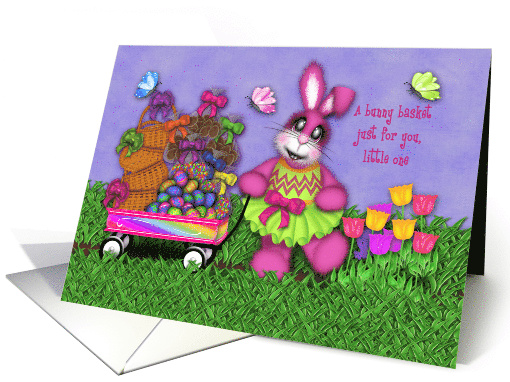 Easter for Little One Pink Bunny Pulling Wagon Full of Treats card
