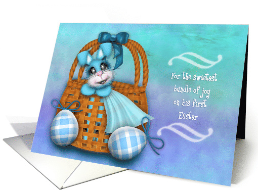 1st Easter for a Boy, Adorable Blue Baby Bunny in a Basket card