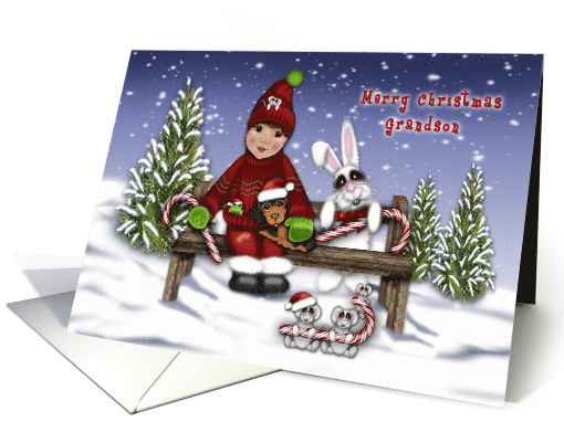 Merry Christmas Grandson a Little Boy on Bench with Animals card