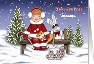 Merry Christmas Customize Any Name Girl on Bench with Animals card