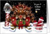 First Christmas Godson Nine Reindeer in Sleigh North Pole card