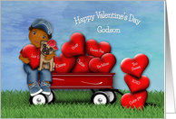 Valentine for Your Godson Ethnic Boy and Puppy in Wagon Hearts card