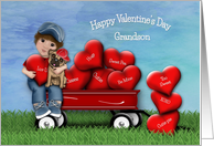 Valentine for Grandson Boy and Dog Sitting in Wagon with Hearts card