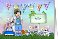 Easter for a Nephew Young boy with Bunnies and Flowers card