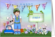 Easter for a Grandson Young boy with Bunnies and Flowers card