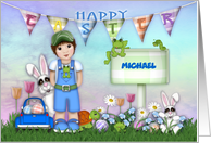 Easter Customize with Any Name For a Boy Bunnies Frogs and Flowers card