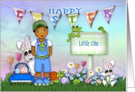 Easter for a Ethnic Young boy with Bunnies and Flowers card