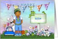 Easter for a Nephew Ethnic Young boy with Bunnies and Flowers card