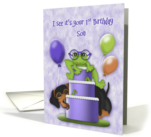 1st Birthday for a Son Frog with Glasses on a Cake Puppy card