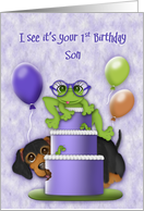 1st Birthday for a Son Frog with Glasses on a Cake Puppy card