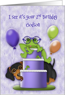 2nd Birthday for a Godson Frog with Glasses on a Cake Puppy card