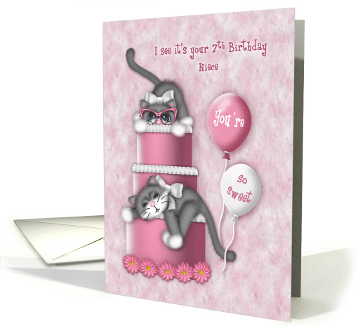 7th Birthday for a Niece Kitten with Glasses on a Cake card (1673760)