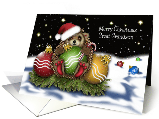 Christmas For A Great Grandson Hedgehog With Christmas Ornaments card