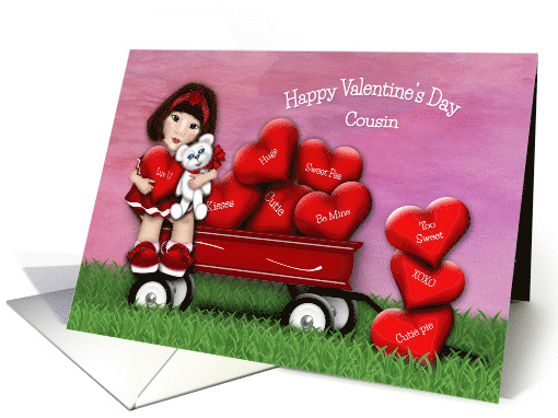 Valentine for Asian Cousin Teddy Bear in Wagon with Hearts card