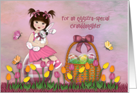 Easter For Granddaughter Little Brunette Sitting on Egg Holding Bunny card