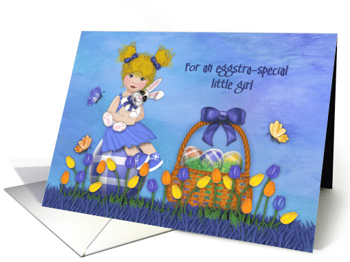 Easter for a Little Girl Blonde Girl Sitting Egg Holding Bunny card