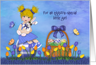 Easter for a Little Girl Blonde Girl Sitting Egg Holding Bunny card