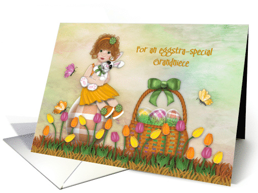 Easter for a Grandniece Redhead Girl Sitting Egg Holding Bunny card