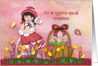 Easter For Grandniece Asian Girl Sitting on Egg Holding Bunny card
