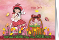 Easter Customize With Any Name Asian Girl Sitting on Egg Holding Bunny card