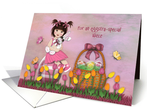Easter For a Niece Girl Brunette Sitting on Egg Holding Bunny card