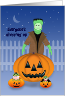 Child Dressed as a Frankenstein behind Giant Jack O lantern card