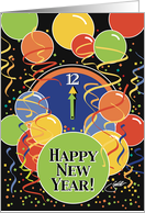 Happy New Year Midnight Clock Balloons Streamers Festive card