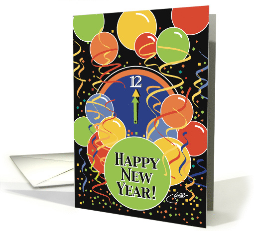 Happy New Year Midnight Clock Balloons Streamers Invitation card