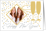 Toast to A Happy New Year With Confetti Glitter Bows Photo card