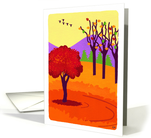 Fall Landscape with Trees Leaves Mountains Geese card (1658714)