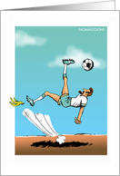 Humorous Soccer Player Doing Bicycle Kick Slipping on Banana card