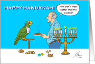 Oscar and Rex with a Plate of Latkas and a Lit Menorah Some Gelt card