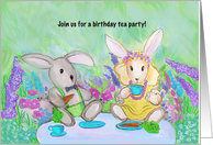 Birthday Tea Party with Two Bunnies Having a Tea Party in the Garden card