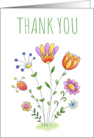 Thank You Cute Whimsical Watercolor Doodle Flowers card